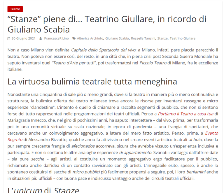 «Stanze» piene di... Teatrino Giullare, in ricordo di Giuliano Scabia